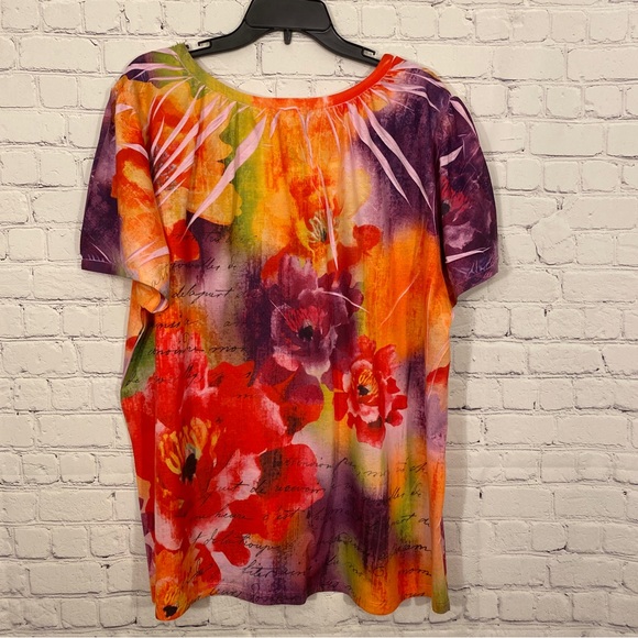 Liz & Me Womens Shirt 1X 18/20W Floral Print Round Neck Short Sleeve Bling - Picture 3 of 4